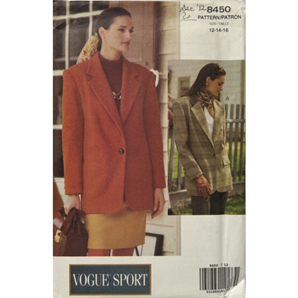 Vintage ©1990 Vogue 8450 - Misses Loose Fitting Jacket - Size 12-14-16